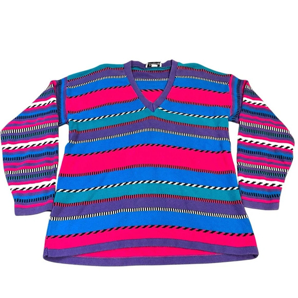 Vintage Sweaters - Vintage 80s Private Eyes Cotton Sweater | Bold Stripes V-Neck | Size L